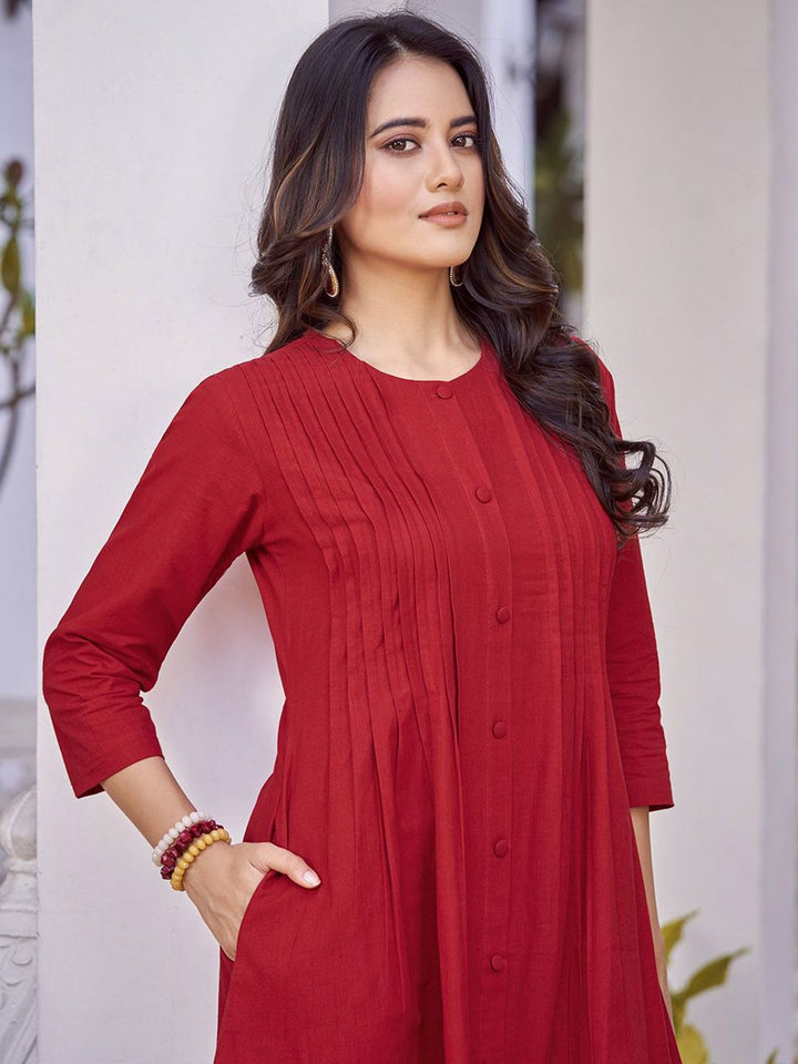 KALINI Pure Cotton Pleated A-Line Kurta with Trousers
