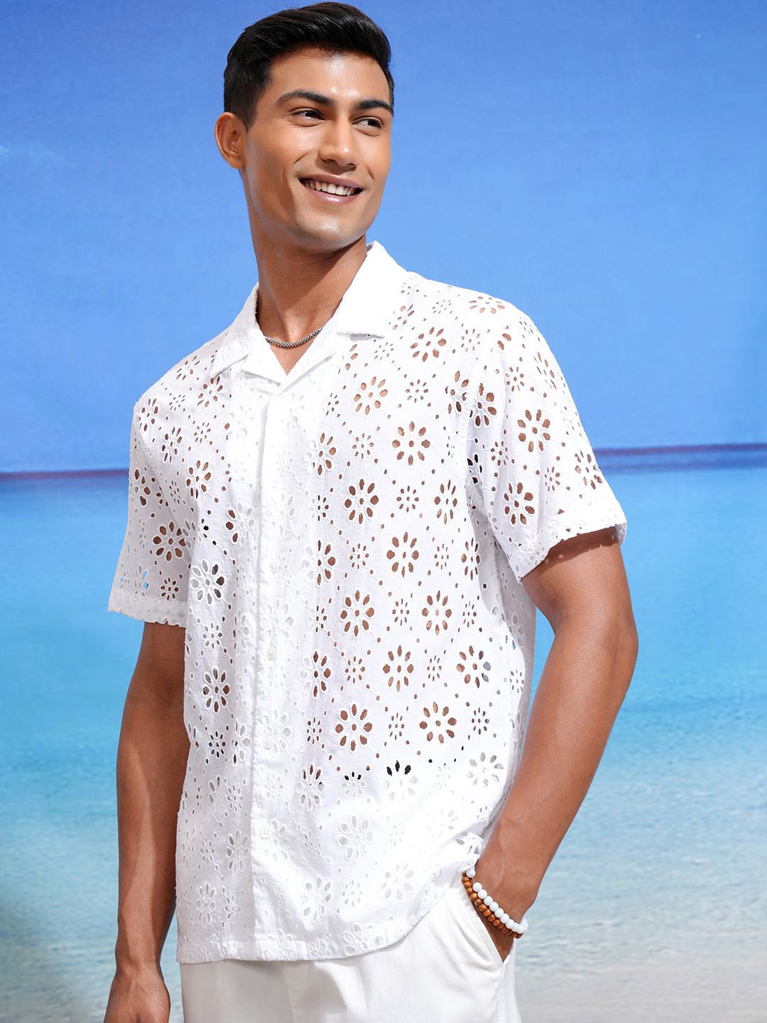 Highlander Men Solid Hakoba Schiffli Cuban Collar Relaxed Shirt