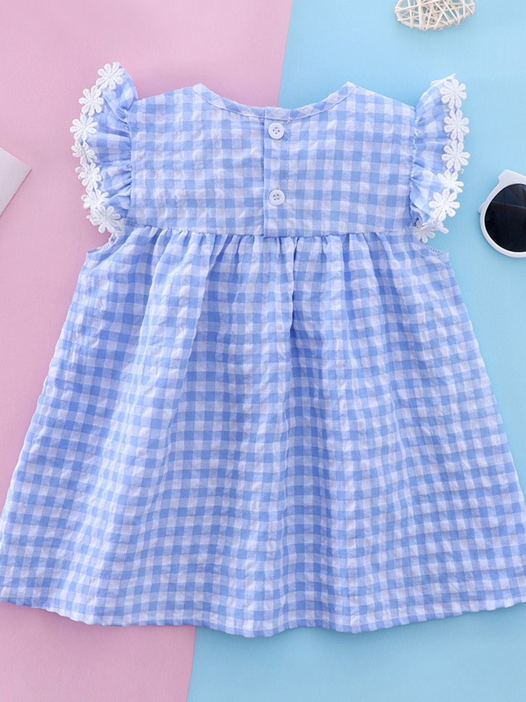 YK Girls Checked Flutter Sleeve Dress