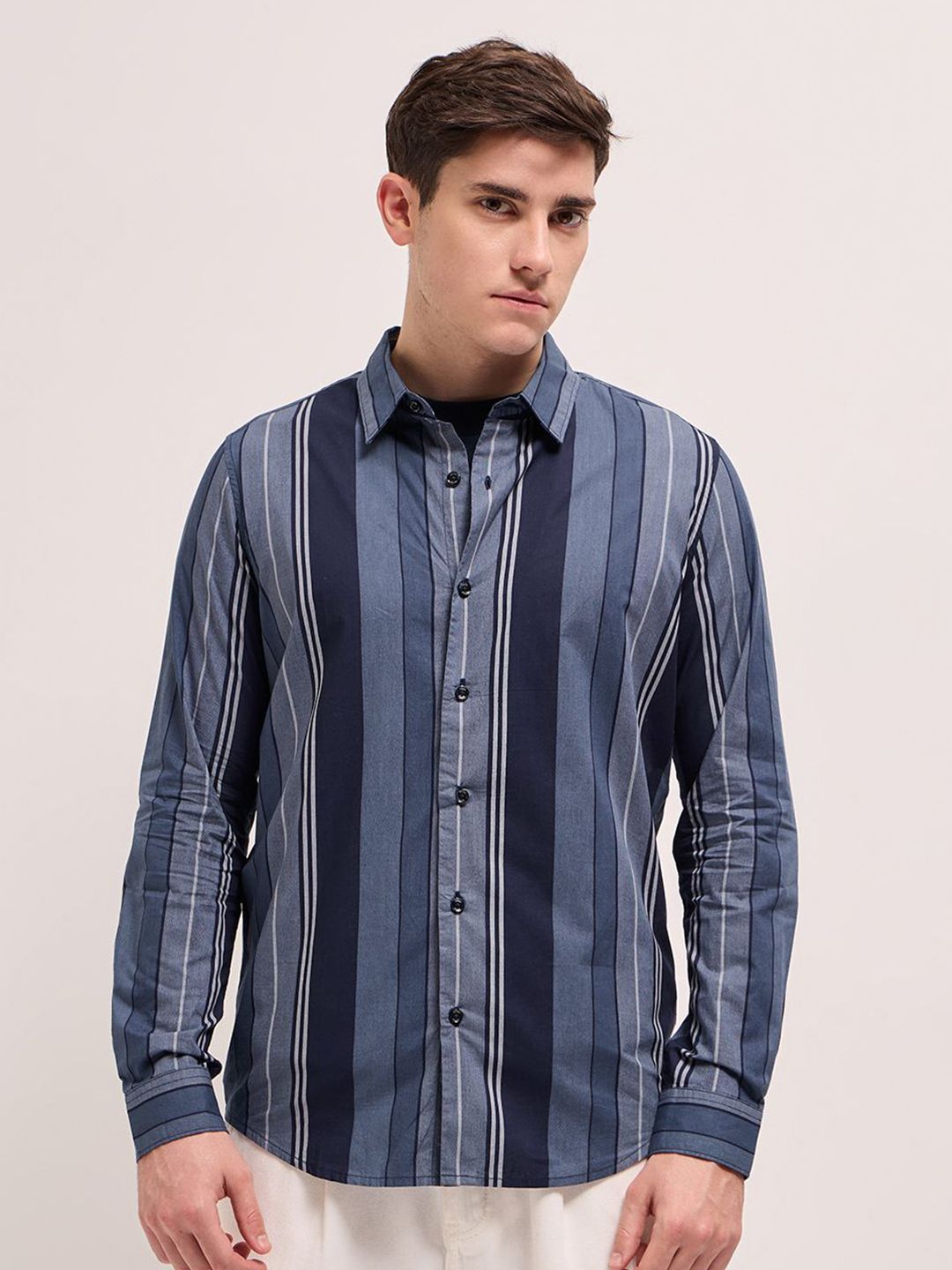 THE BEAR HOUSE Slim Fit Striped Pure Cotton Casual Shirt