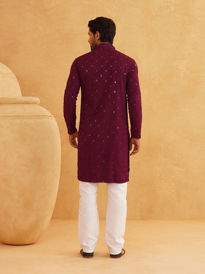 SOJANYA Geometric Embroidered Sequinned Mandarin Collar Pure Cotton Straight Kurta