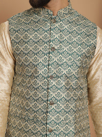 Anouk Beige Etnic Motif Tenunan Rekaan Kurta Lurus Dengan Jaket Churidar & Nehru