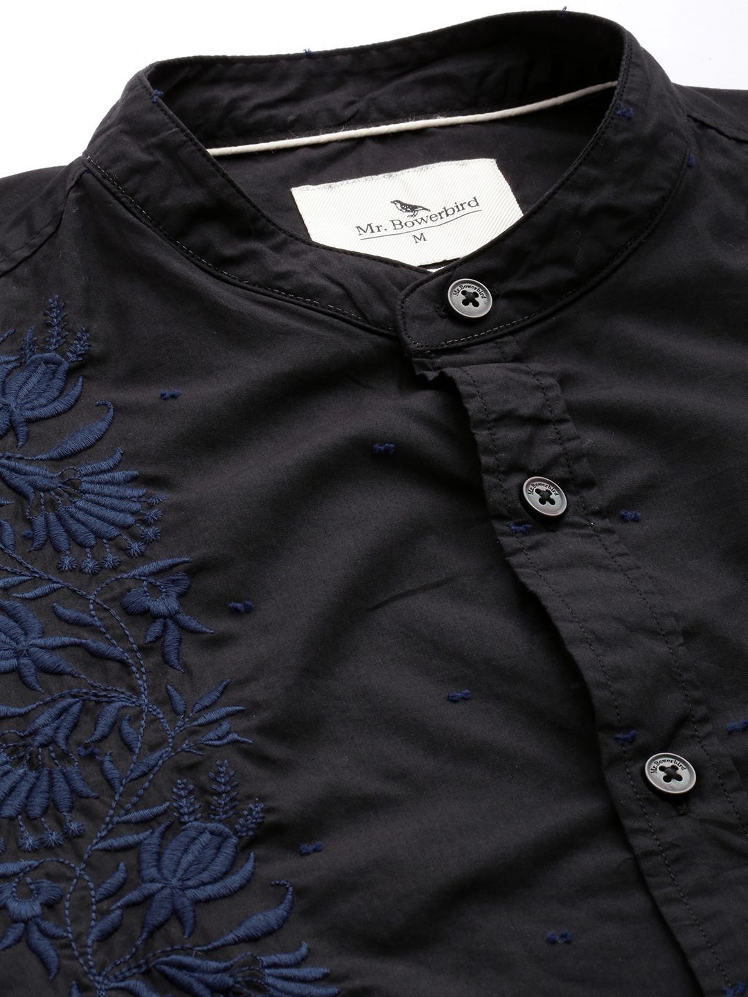 Mr Bowerbird Tailored Fit Floral Embroidered Band Collar Pure Cotton Casual Shirt