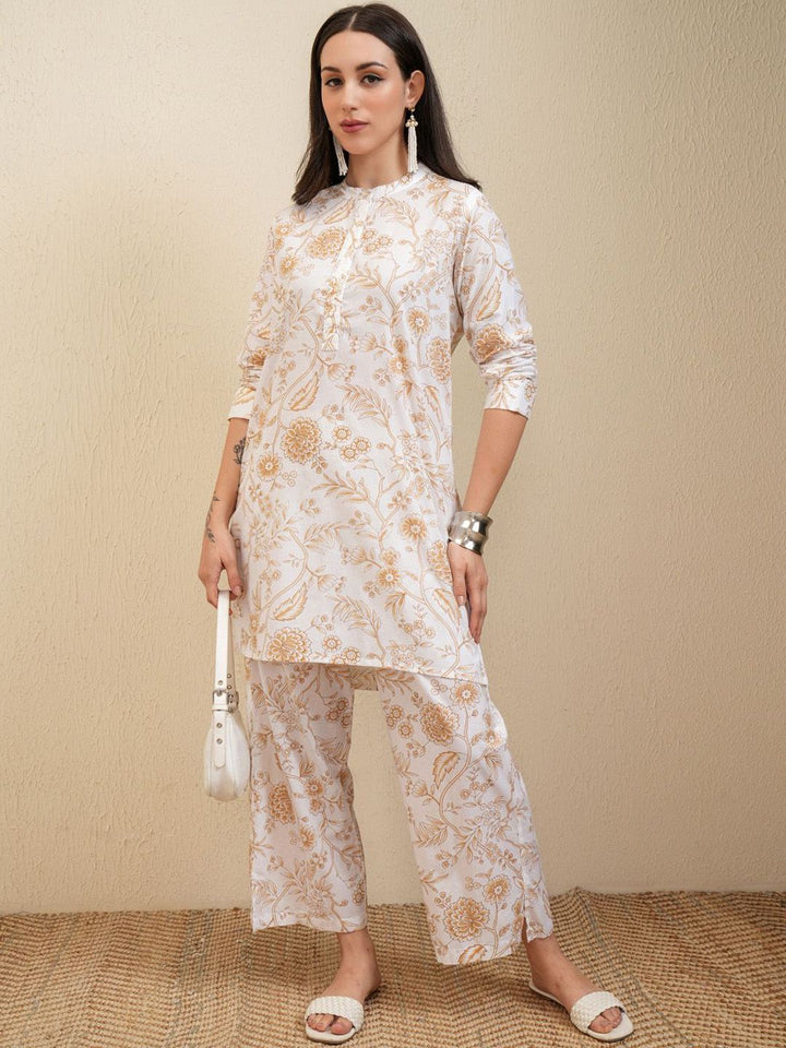 Vishudh White & Beige Floral Printed Pure Cotton Tunic With Trousers