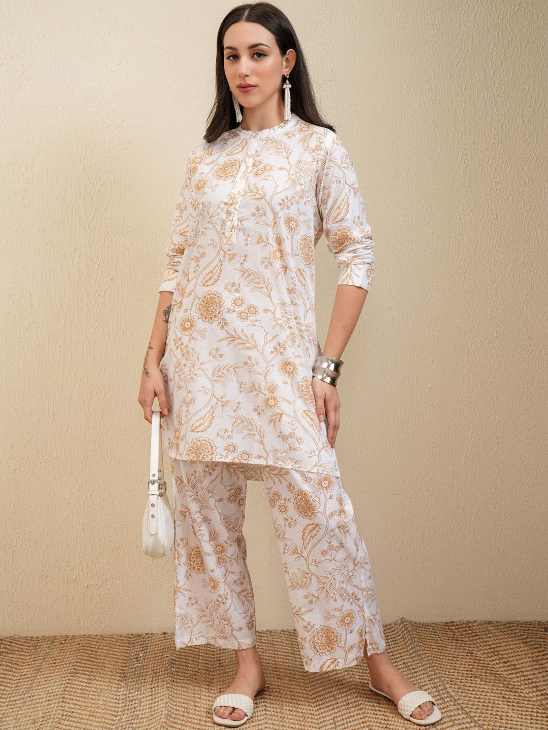 Vishudh White & Beige Floral Printed Pure Cotton Tunic With Trousers