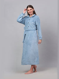 KLOTTHE Blue Shirt Collar Woollen Bath Robe With Belt