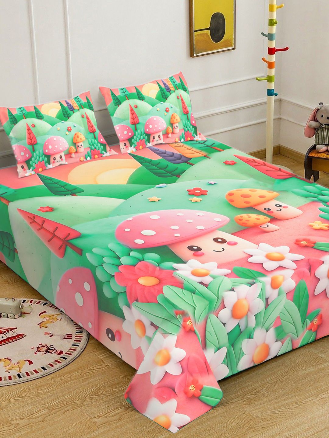 Green & Pink Cartoon Printed Fitted 7D 400 TC Double King Bedsheet With 2 Pillow Cover
