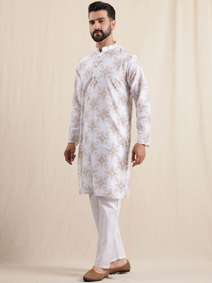 Anouk Geometric Printed Linen Straight Kurta With Pyjamas & Nehru Jacket