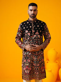 SOJANYA LUXE Kolar Mandarin Sulam Bunga Georgette Kurta Lurus Dengan Seluar