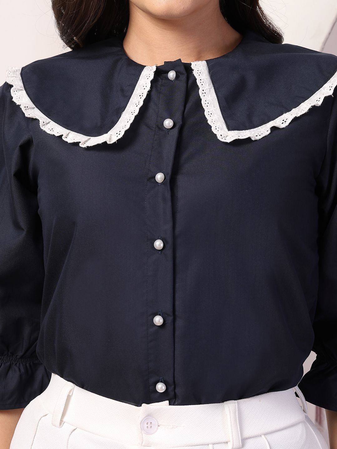 Style Quotient Women Peter Pan Collar Puff Sleeve Shirt Style Top