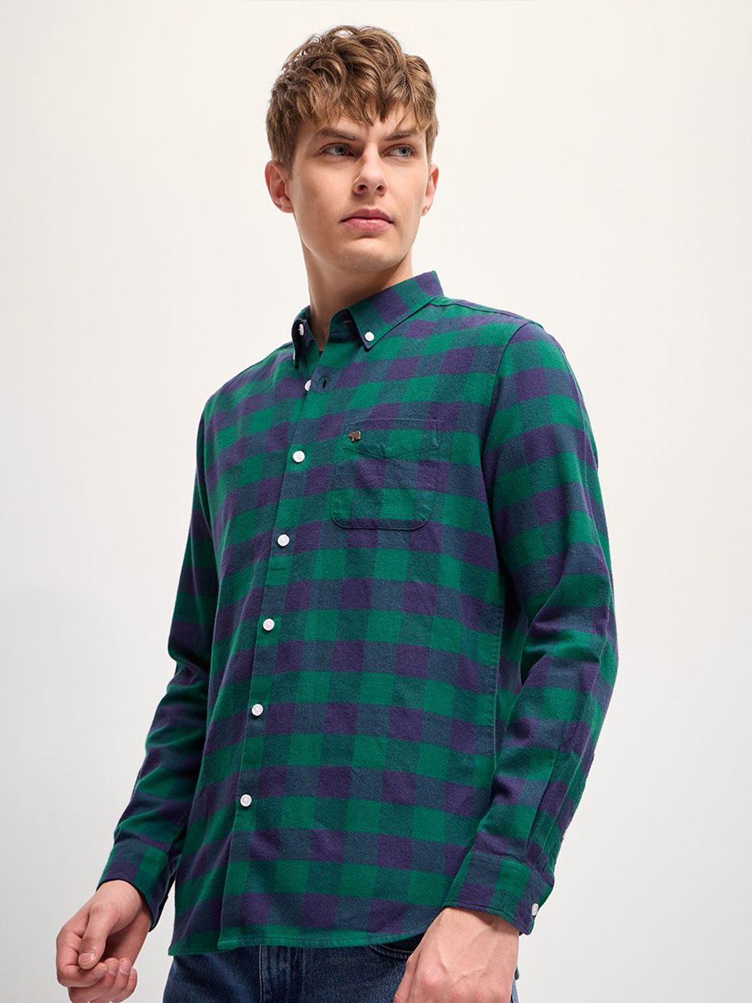 THE BEAR HOUSE Men Button-Down Collar Checked Cotton Slim Fit Casual Shirt