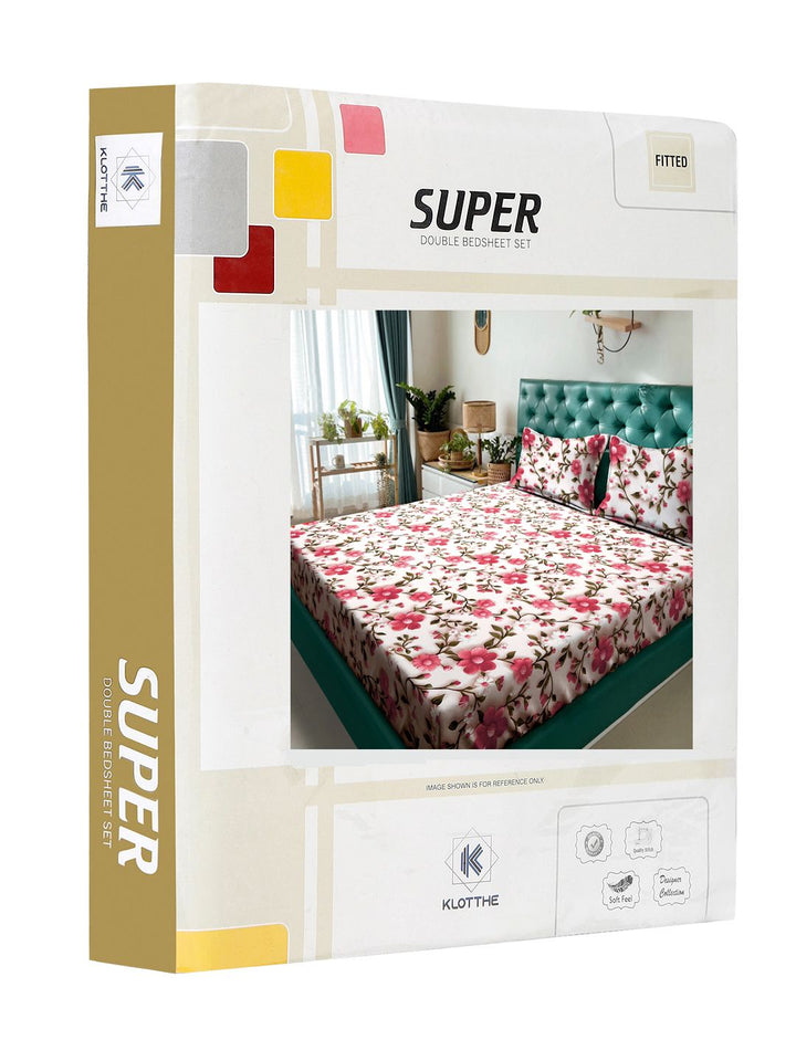 KLOTTHE Green & Pink Floral 300-Thread Count 7D-King Size Bedsheet With 2-Pillow Covers