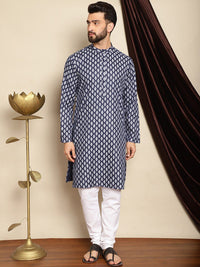 Anouk Navy Blue Bandhani Printed Mandarin Collar Straight Kurta With Churidar