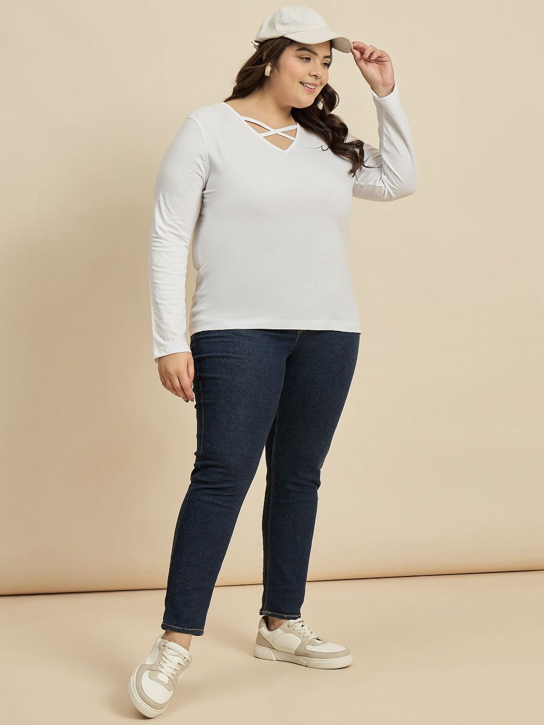 CURVY STREET Women Solid V-Neck Cotton Plus Size T-shirt