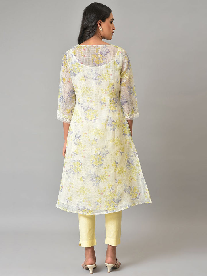 W Floral Printed Round Neck Panelled A-line Kurta