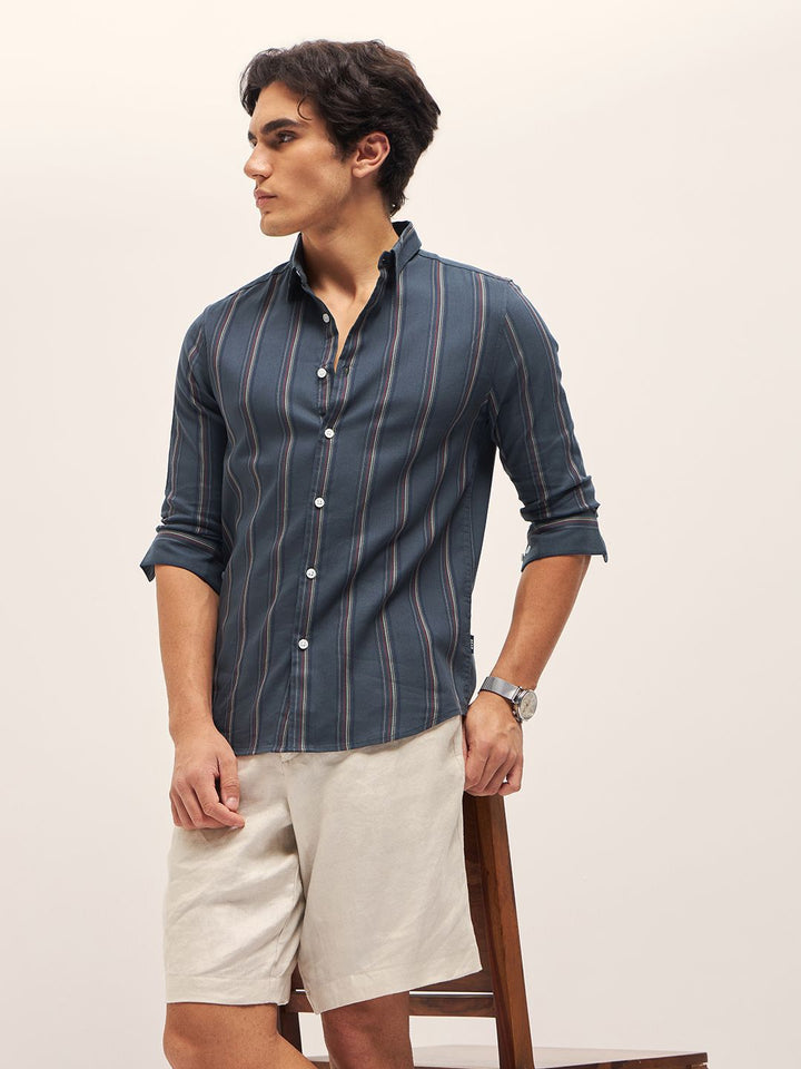 THE BEAR HOUSE Men Cotton Slim Fit Striped Casual Shirt