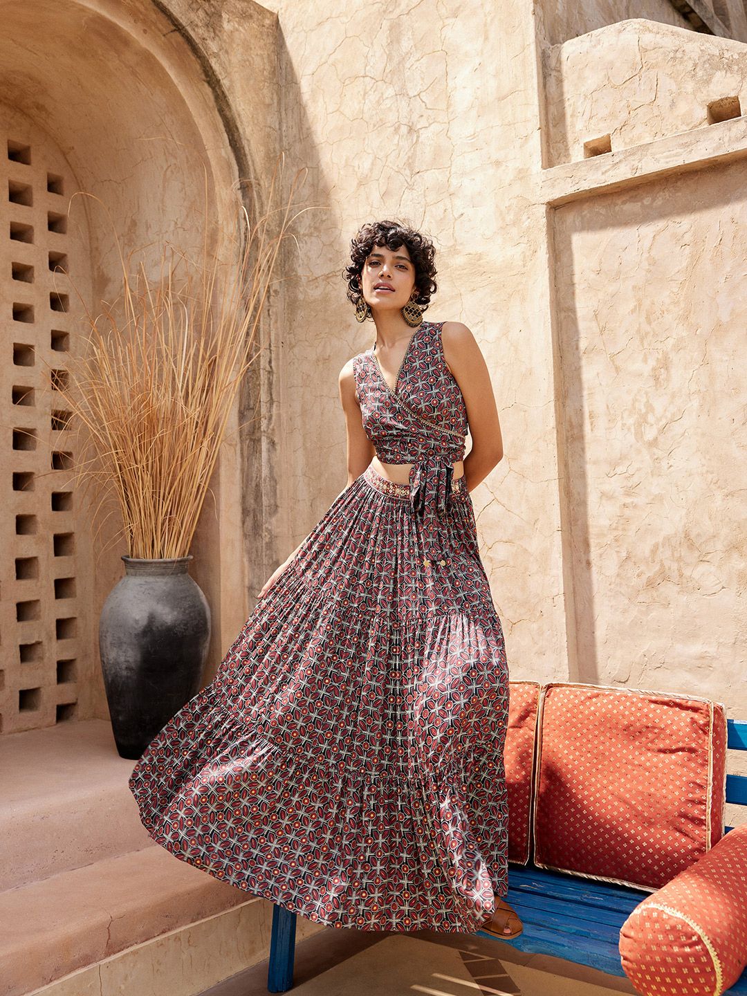 Global Desi Geometric Printed Sleeveless Top With Skirt