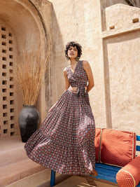Global Desi Geometric Printed Sleeveless Top With Skirt