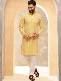 Anouk Yellow & White Band Collar Geometric Sulam Kurta Lurus Kapas Tulen