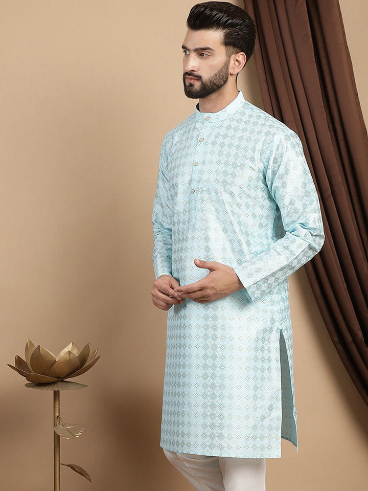 Anouk Turquoise Blue Ethnic Motifs Woven Design Mandarin Collar Kurta