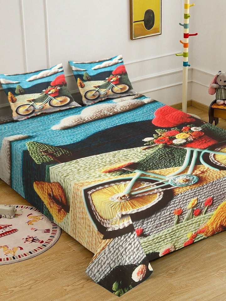 KLOTTHE Blue & Red Printed 400 TC Double Bedsheet With 2 Pillow Covers-98.4 x 88.5 Inch