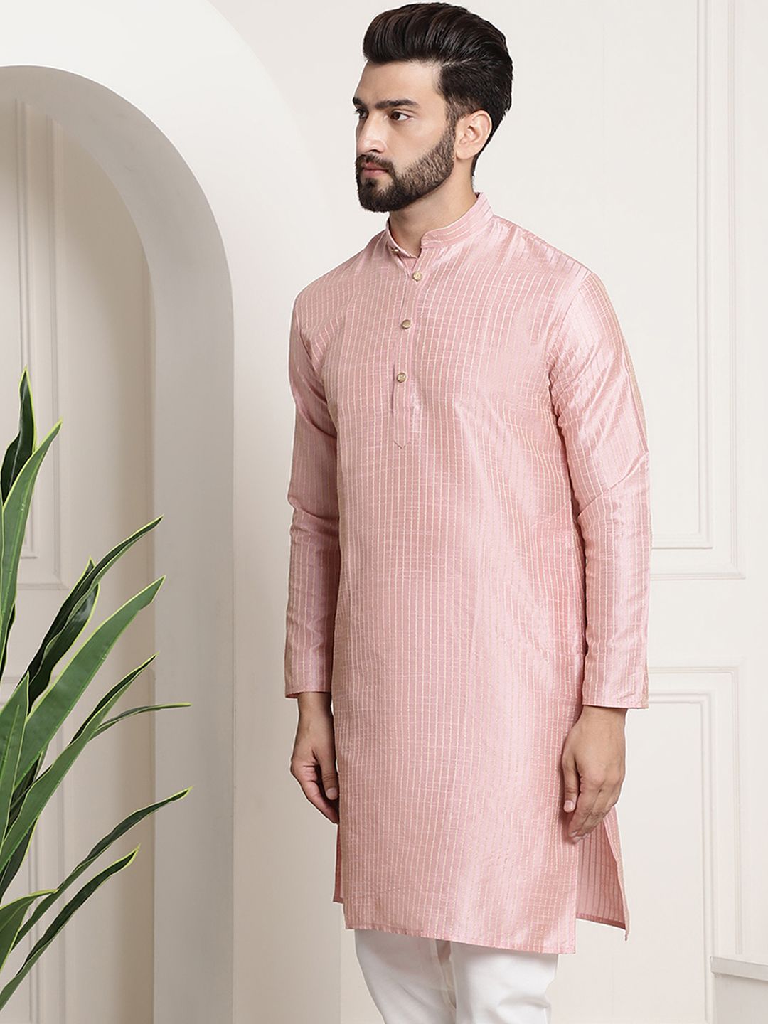SOJANYA Striped Band Collar Long Sleeves Straight Kurta