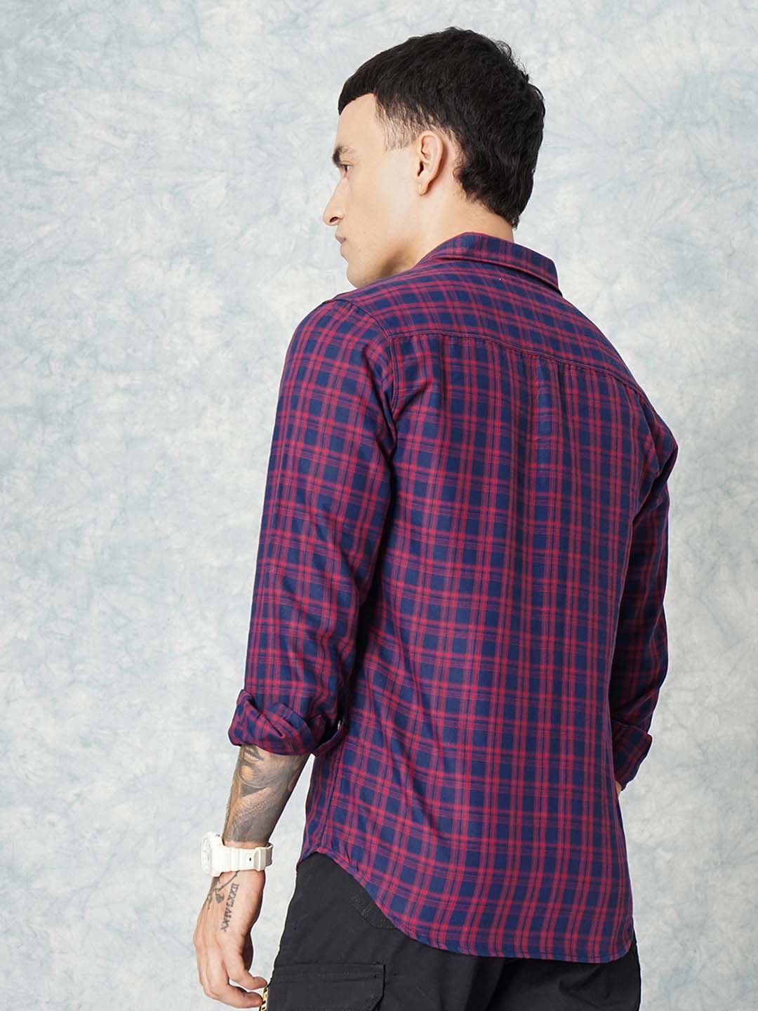 The Indian Garage Co Men Navy Blue & Maroon Slim Fit Checked Casual Shirt
