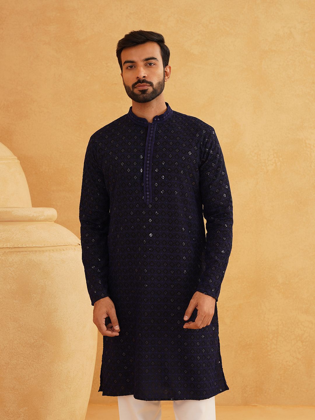 SOJANYA Ethnic Motifs Embroidered Mandarin Collar Sequinned Pure Cotton Straight Kurta