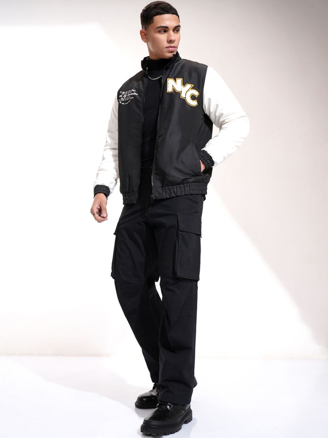 HIGHLANDER Men Mock Collar Typography Printed Casual Bomber Jacket