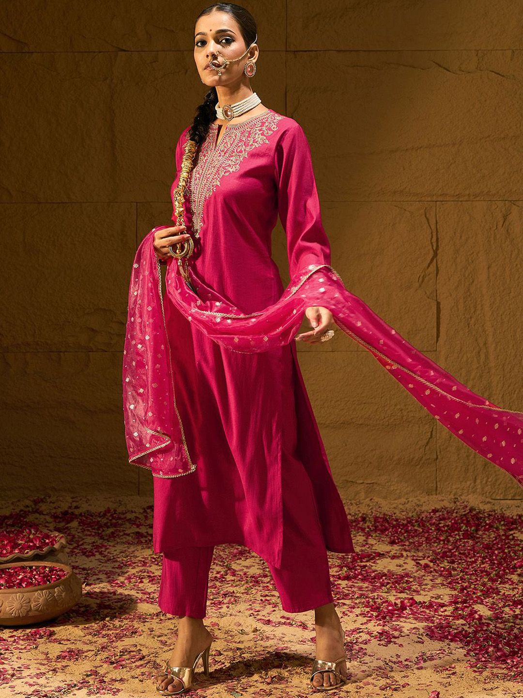Indo Era Ethnic Motifs Yoke Design Straight Zari  Liva Kurta with Trousers & Dupatta