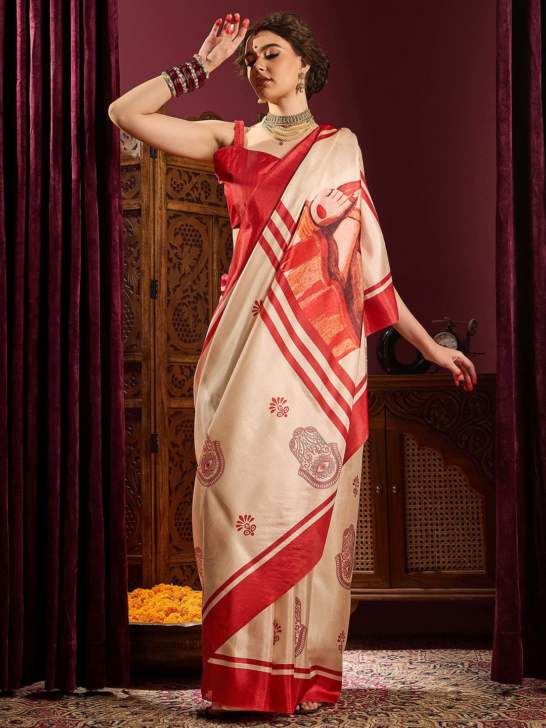 Saree mall Off White Ethnic Printed Durga Puja Saree
