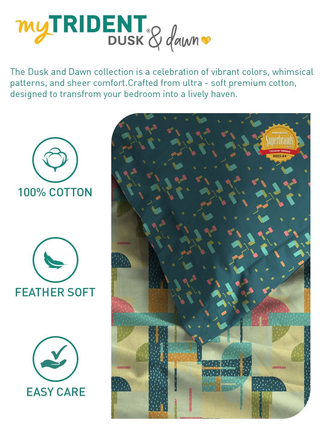 MYTRIDENT Dusk and Dawn Blue & Green Abstract Cotton Queen Bedsheet with 2 Pillow Covers