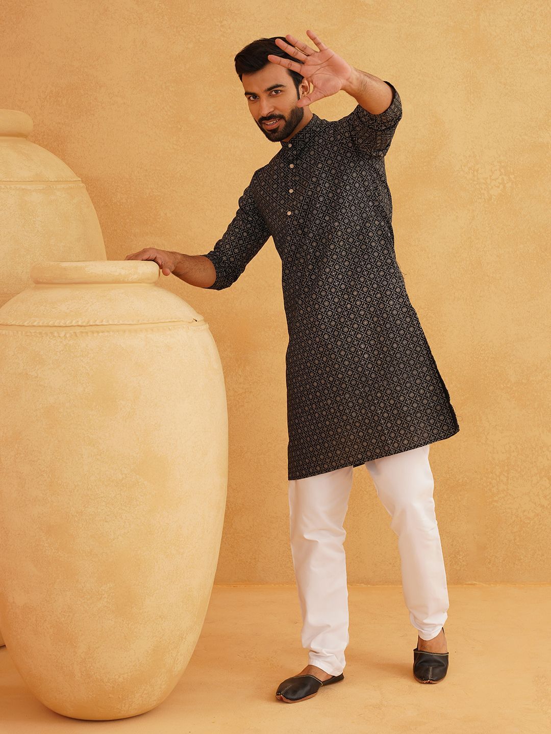 SOJANYA Floral Printed Band Collar Cotton Linen Kurta Lurus Dengan Churidar