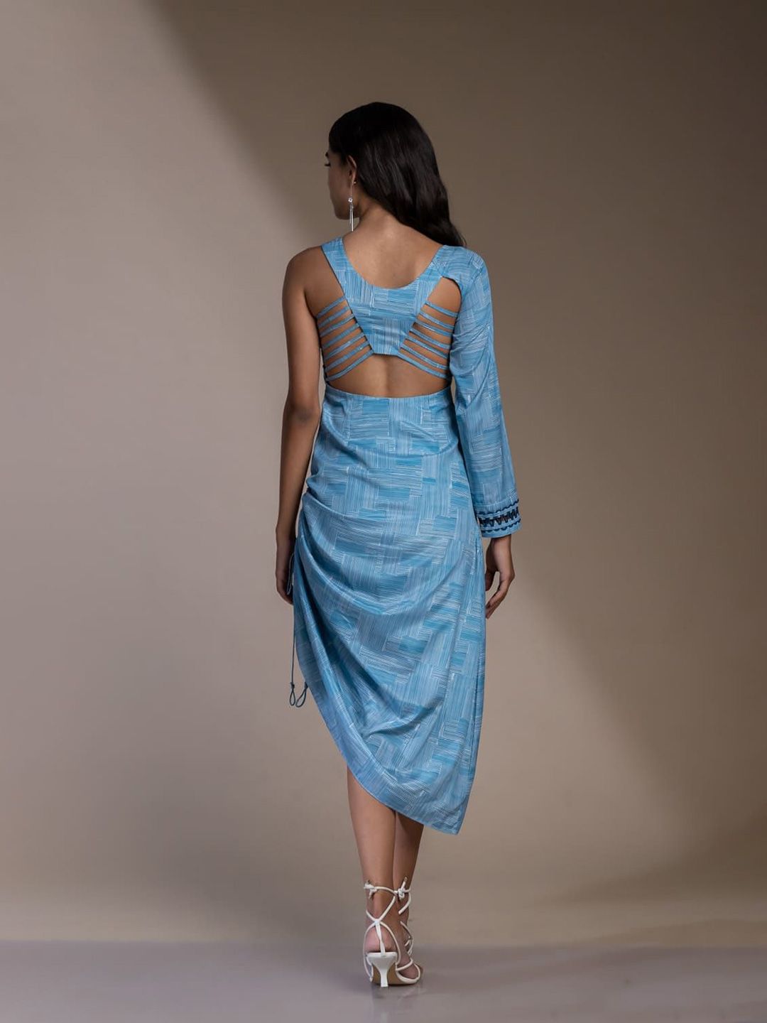 Mamicha Print Satu Bahu Pakaian Midi Fit & Flare Crepe