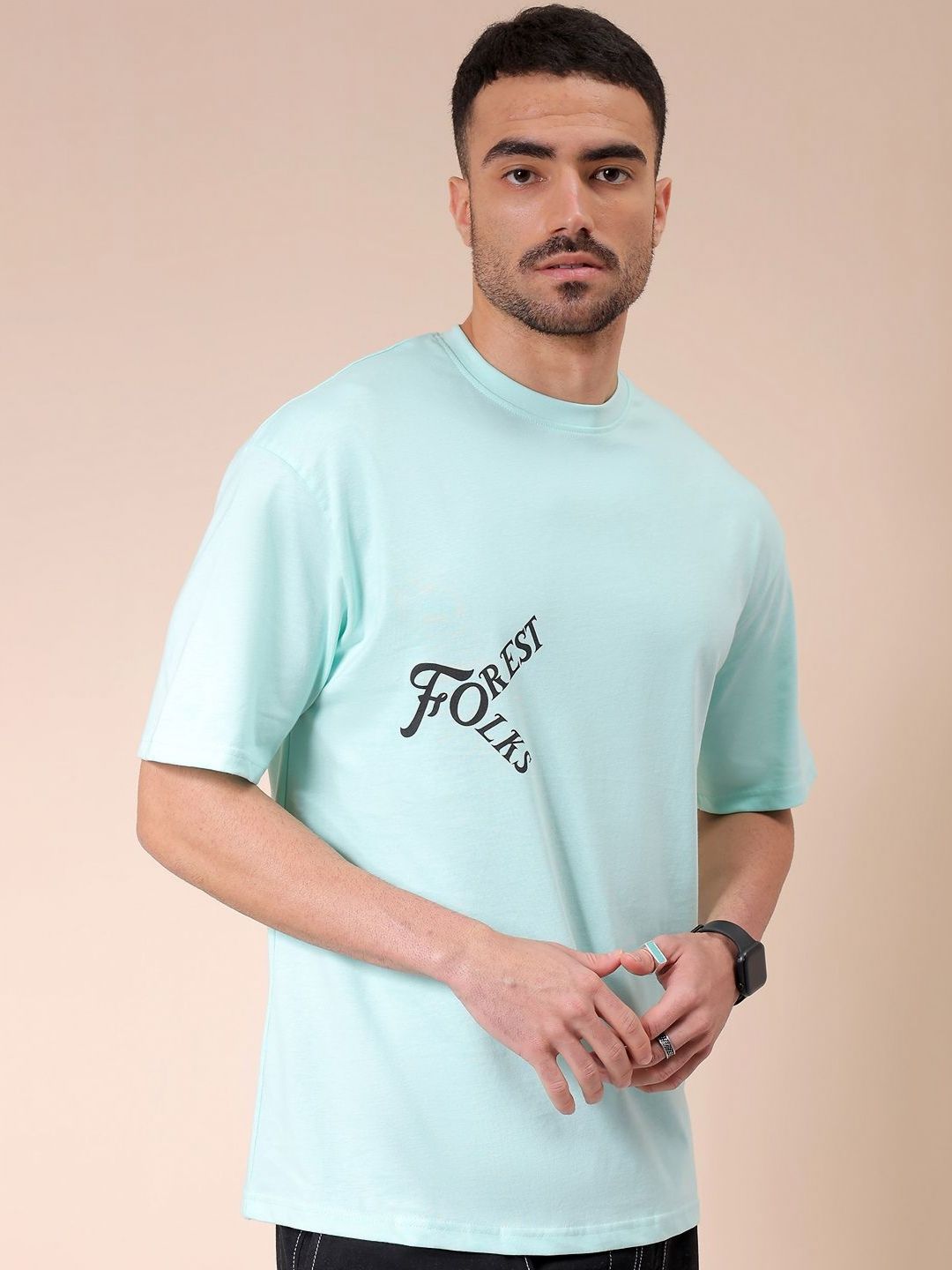 The Indian Garage Co Men Pure Cotton Graphic Printed Round Neck Cotton Oversized T-shirt