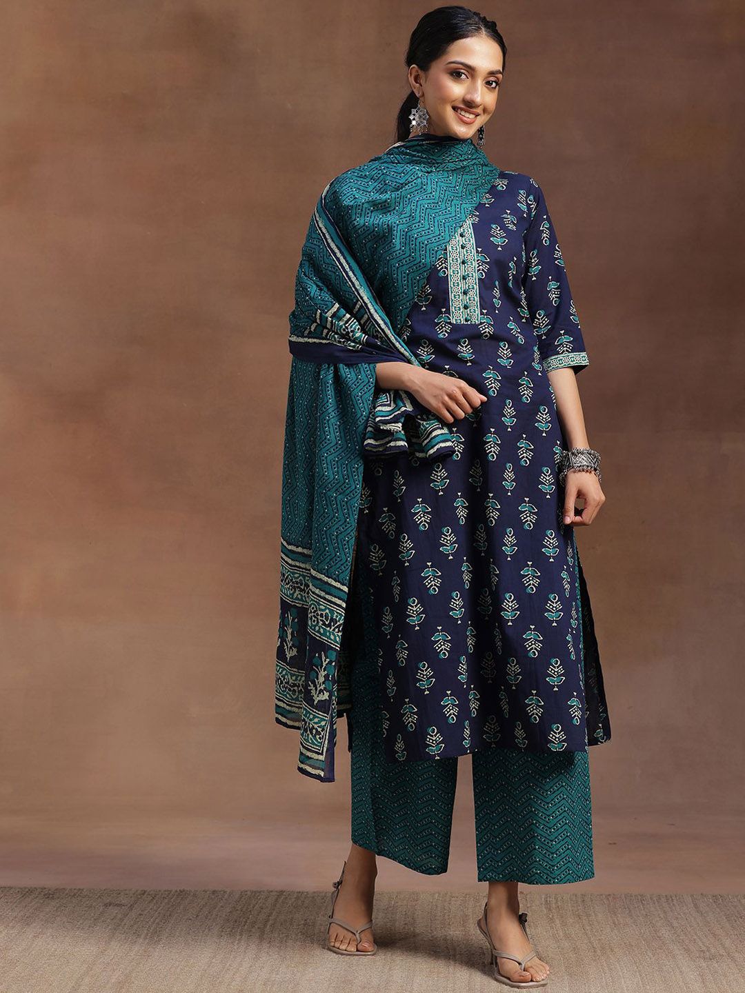 Libas Floral Printed Pure Cotton Kurta with Palazzos & Dupatta
