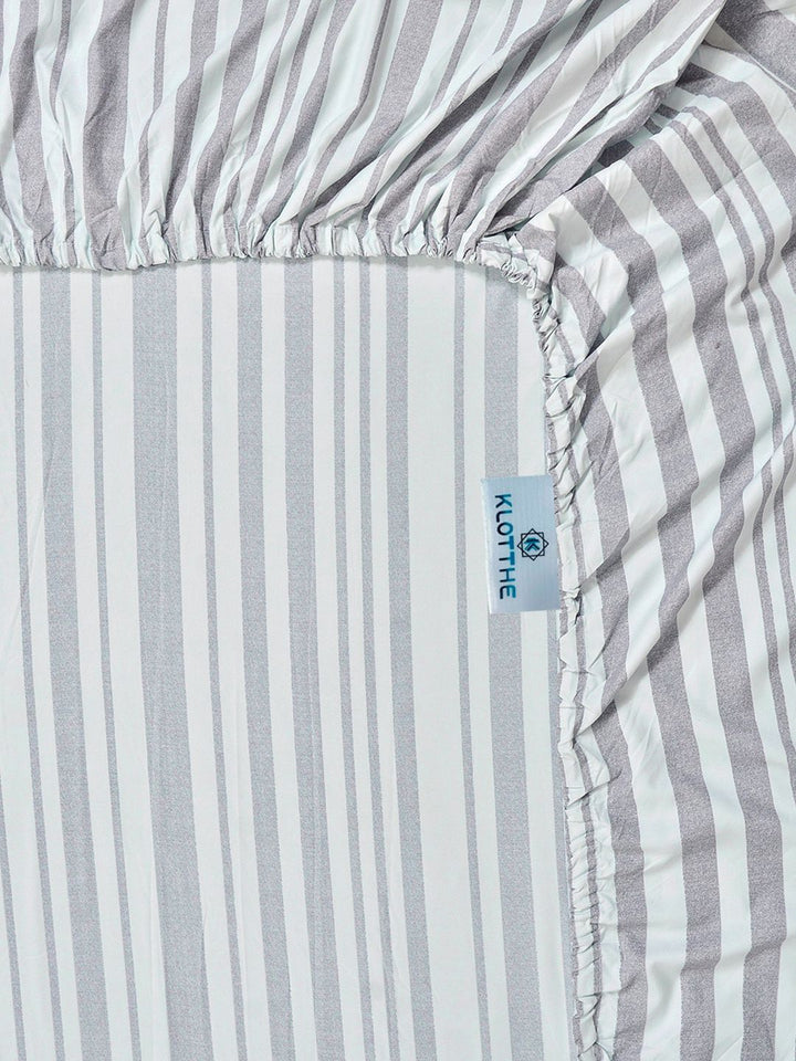 KLOTTHE Grey Stripted Printed Fitted 400 TC King Bedsheet With 2 Pillow Cover