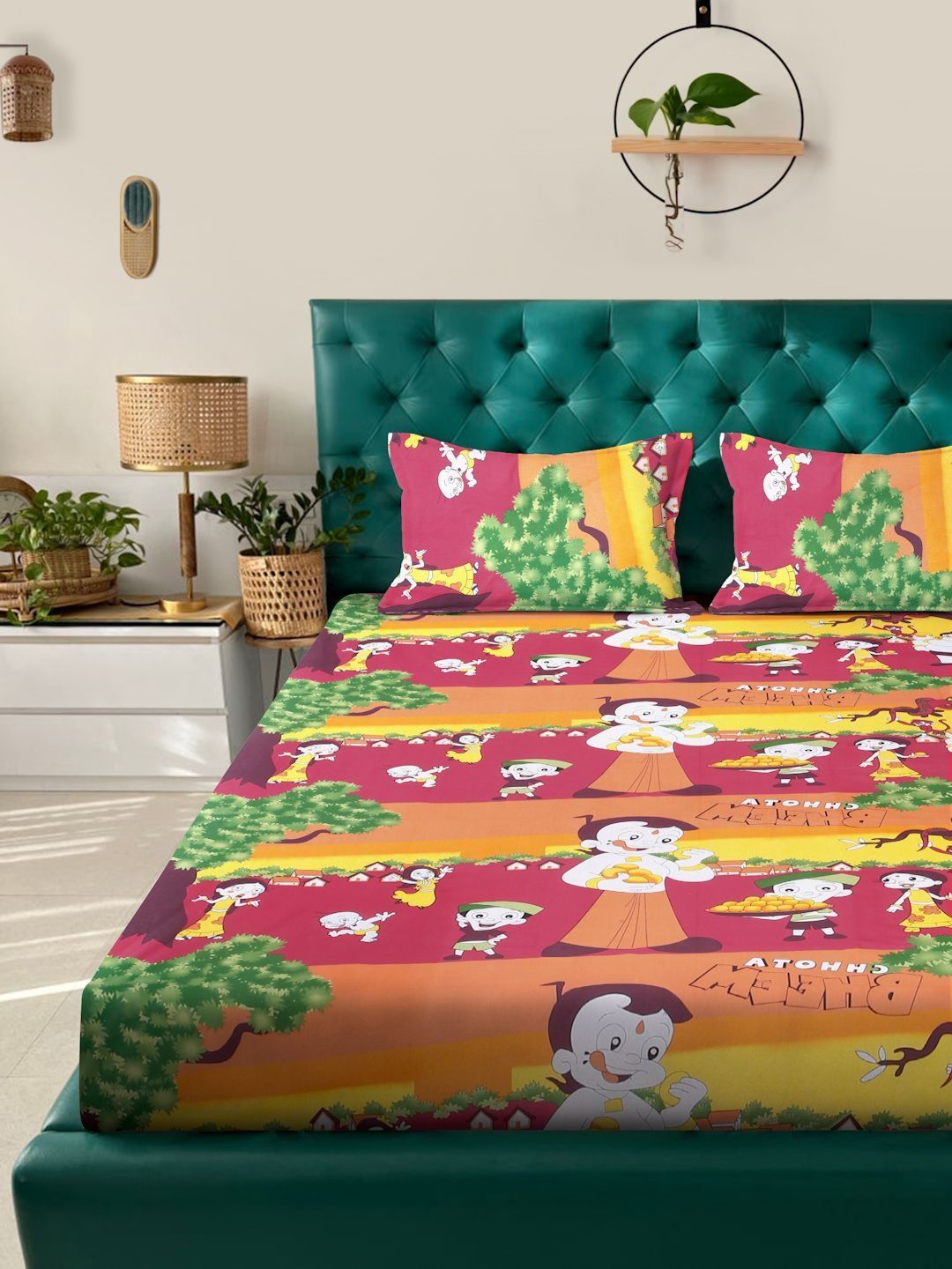 Myntra Elegant Homes Kartun Merah Cetakan Kapas 400TC King Cadar Katil Double & 2 Sarung Bantal