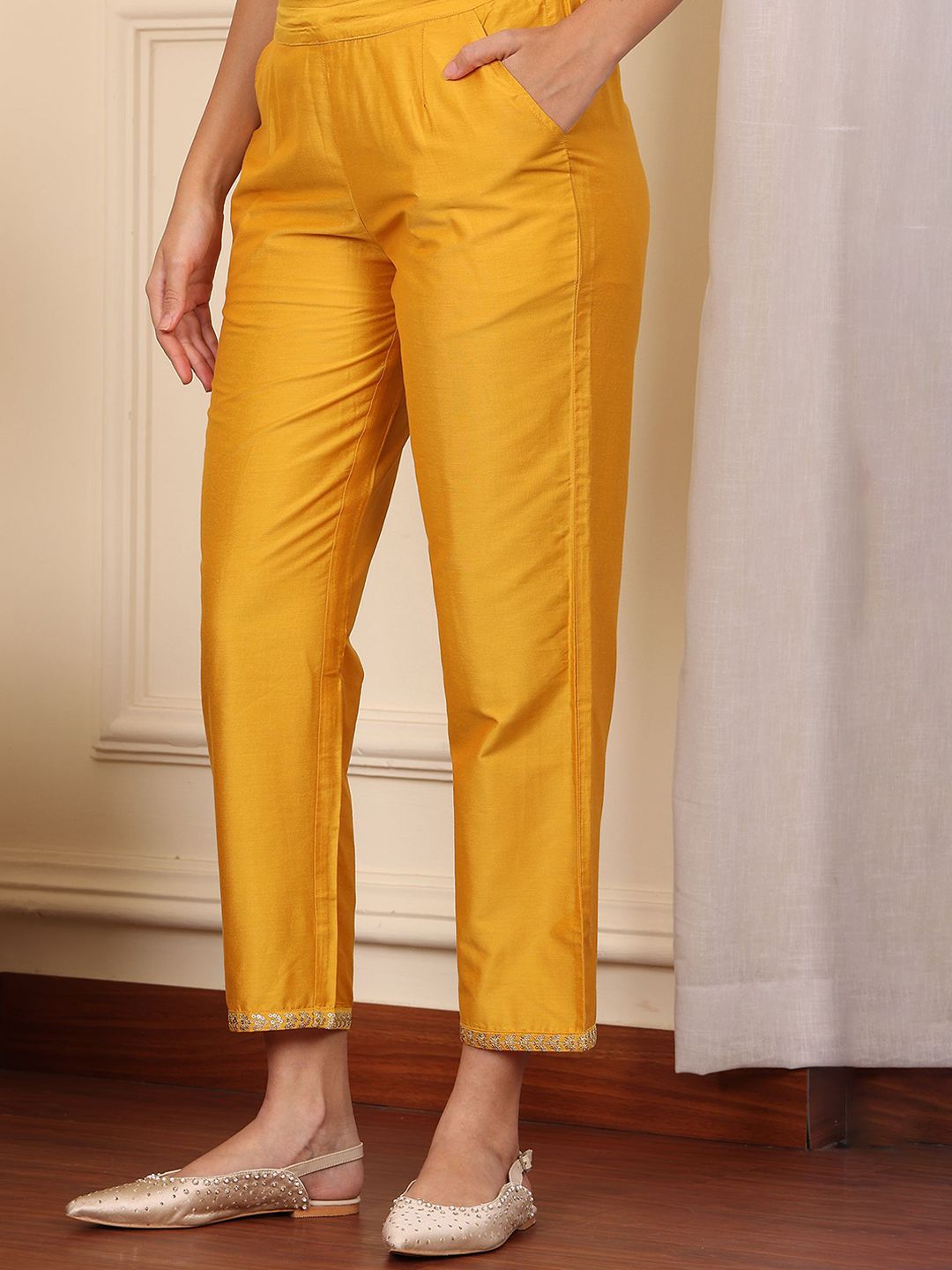 W Women Regular Fit Embroidered Hemline Trousers