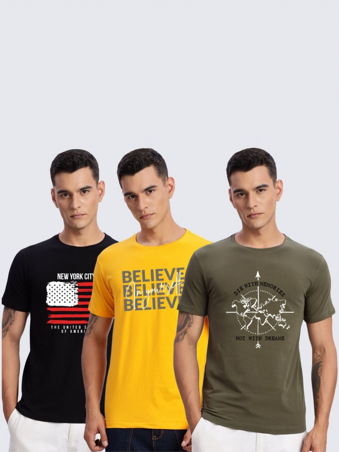 ADRO Men Pack of 3 Typography Printed Round Neck Cotton T-shirts