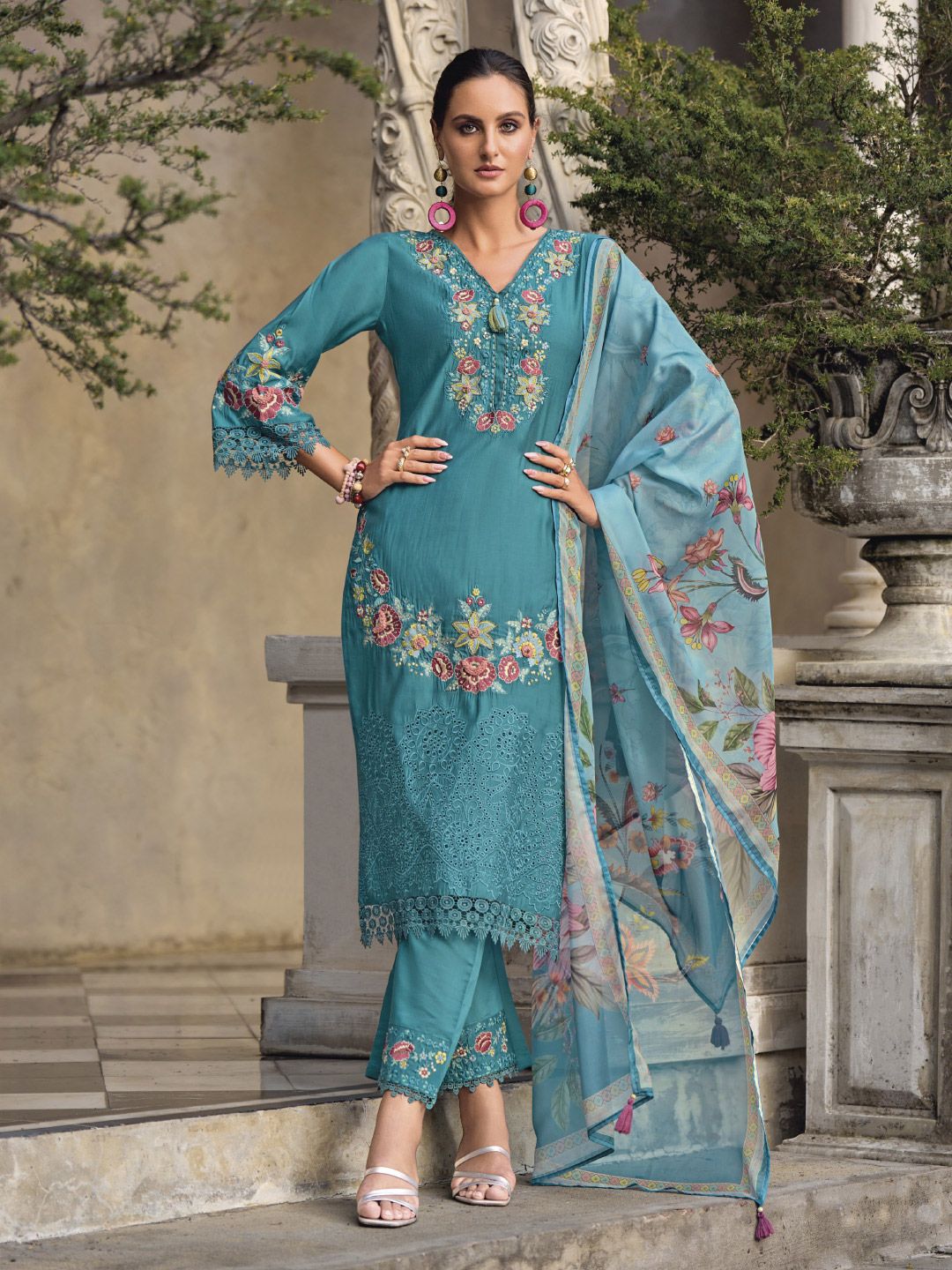 Varanga Floral Embroidered Thread Work Pure Cotton Straight Kurta With Trousers & Dupatta