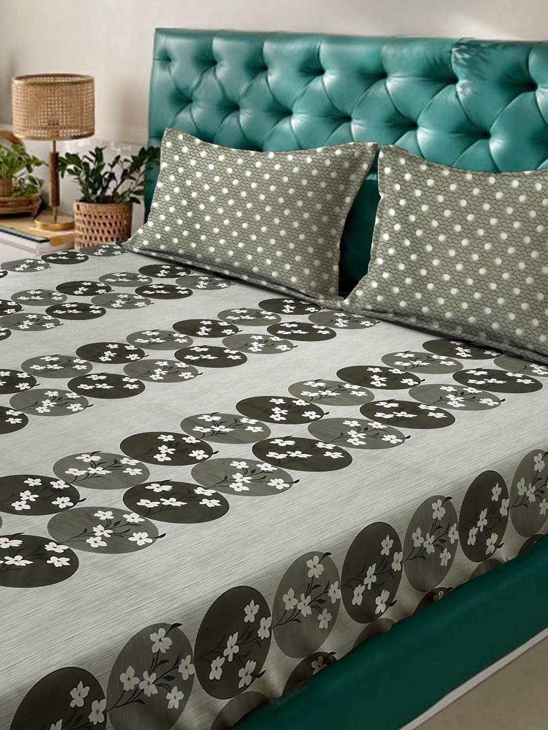 KLOTTHE Olive And White Floral Printed Cotton 400 TC Double Bedsheet Set 2.50 m x 2.20 m