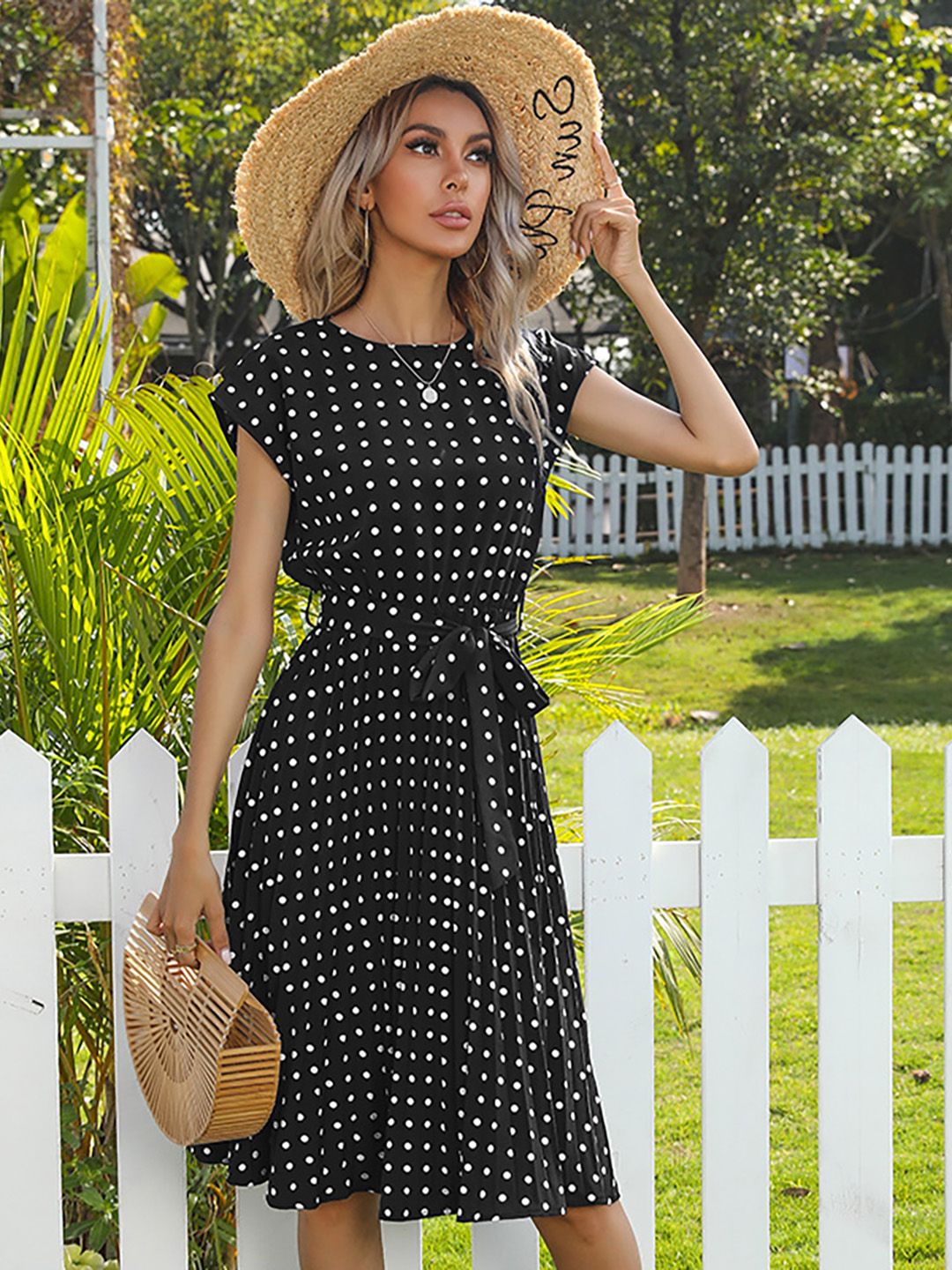 DressBerry Polka Dot Print Belted A-Line Midi Dress