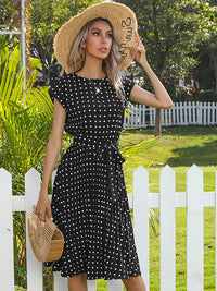 DressBerry Polka Dot Print Belted A-Line Midi Dress