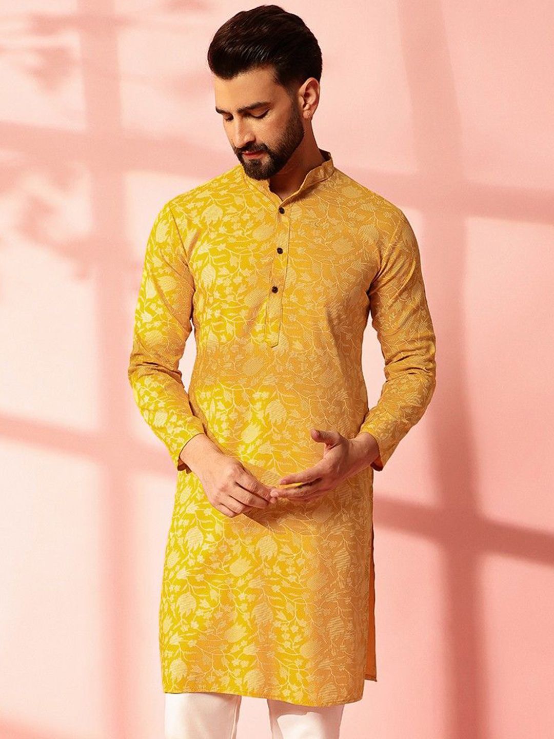 Anouk Floral Printed Band Collar Cotton Linen Straight Kurta