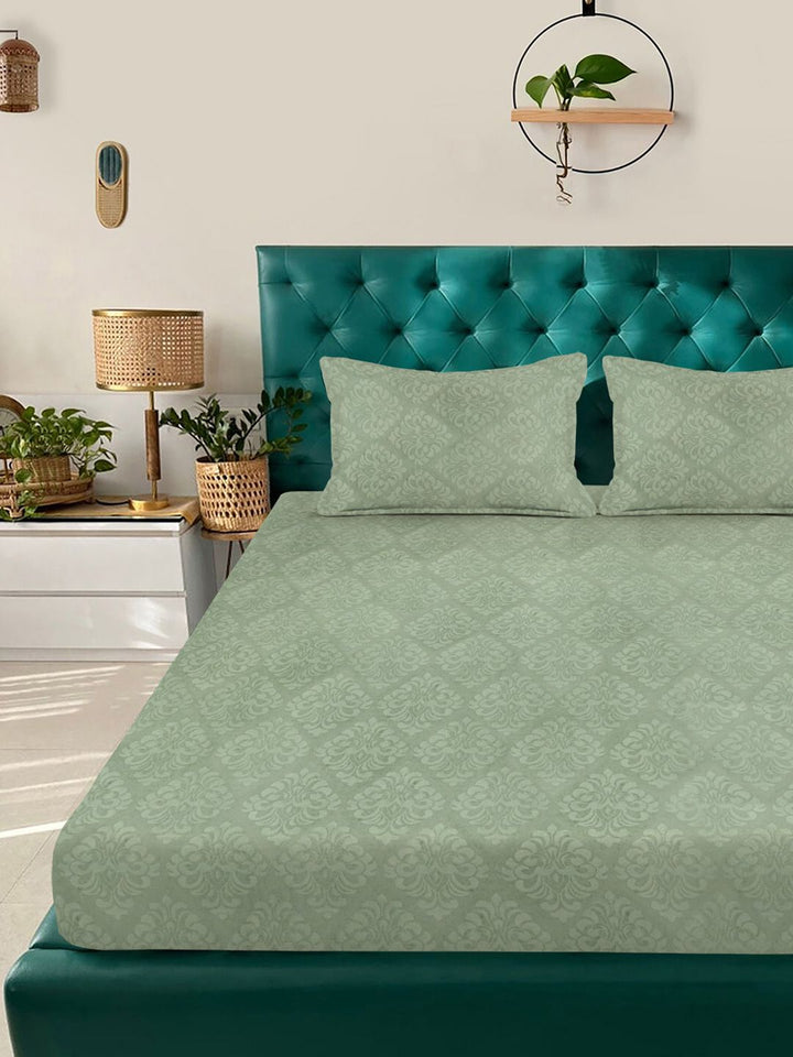 KLOTTHE Green Floral Embossed Printed Fitted 400TC King Bedsheet With 2 Pillow Cover