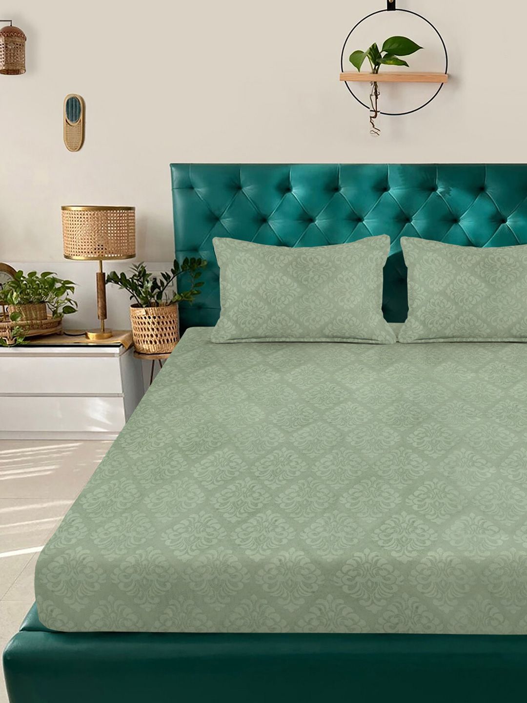 KLOTTHE Green Floral Embossed Printed Fitted 400TC King Bedsheet With 2 Pillow Cover