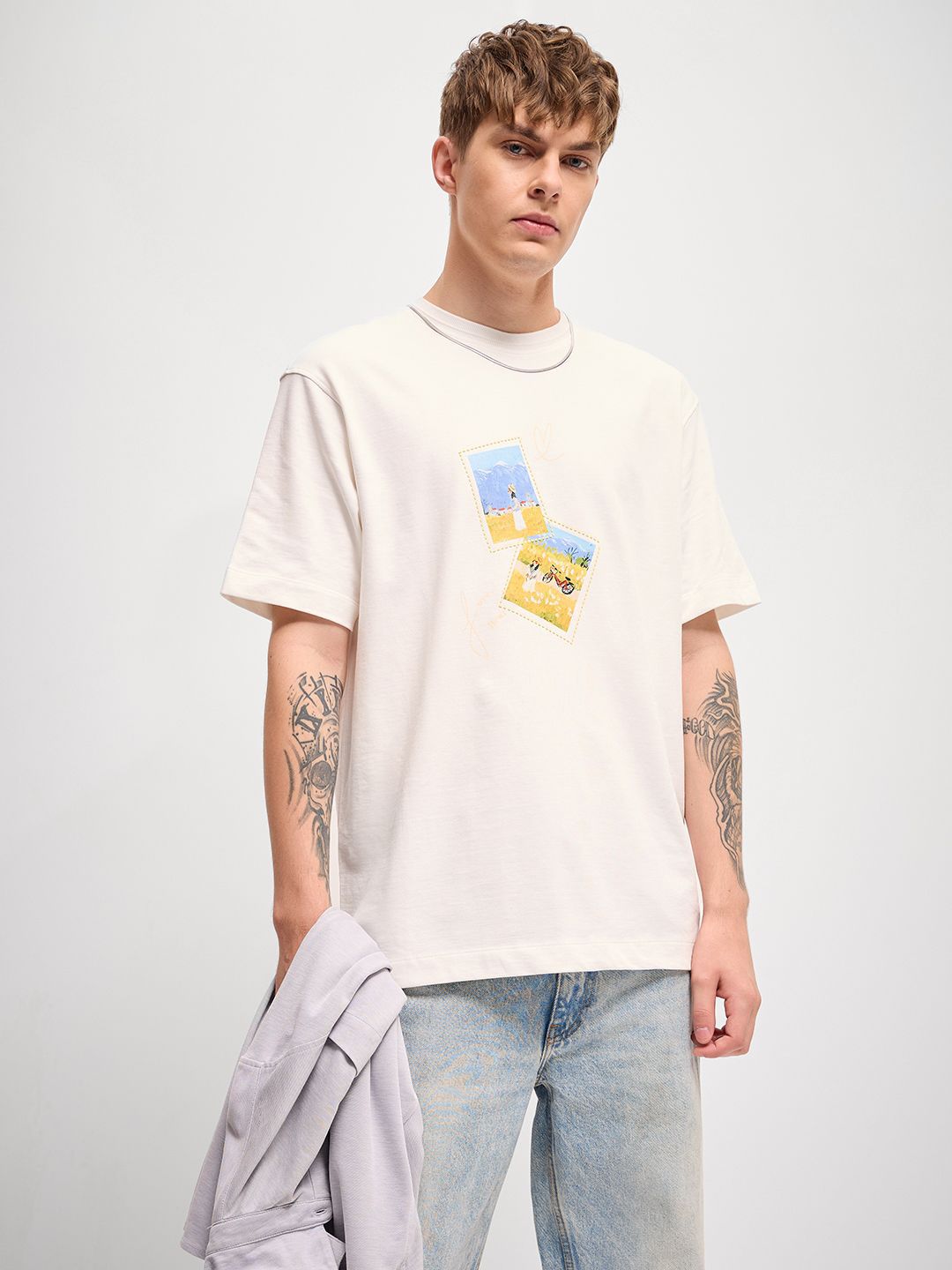 THE BEAR HOUSE Men Graphic Printed Round Neck Cotton Oversized T-Shirt