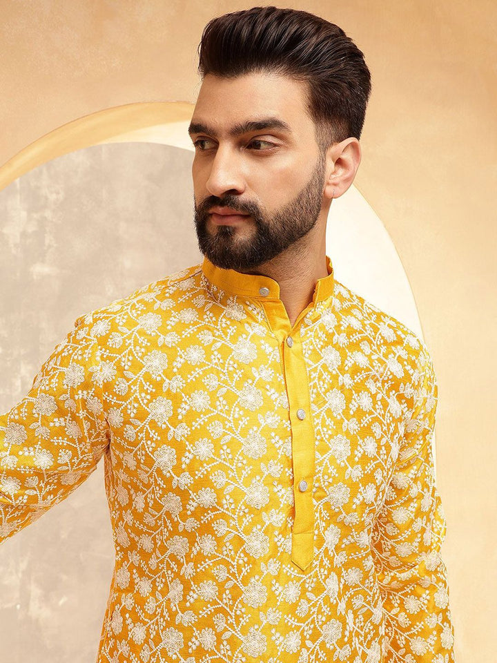 Anouk Mustard Ethnic Motifs Embroidered Band Collar Straight Kurta