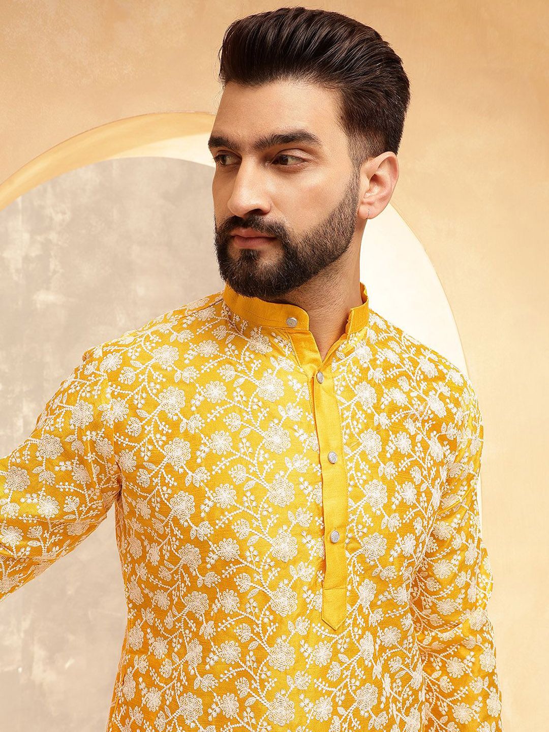 Anouk Mustard Ethnic Motifs Embroidered Band Collar Straight Kurta